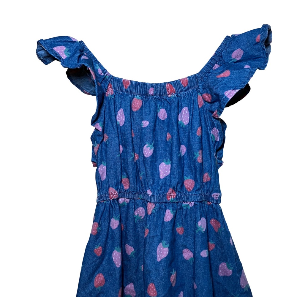 Sweet Story Girls Size 4 Blue Denim Strawberry Print Flutter Sleeve Dress - Picture 5 of 7